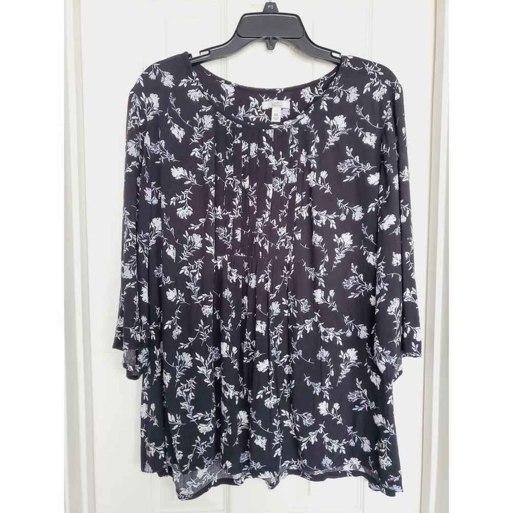 Croft & Barrow Blouse Black Floral Pintuck Pleated 3/4 Sleeve Casual XXL